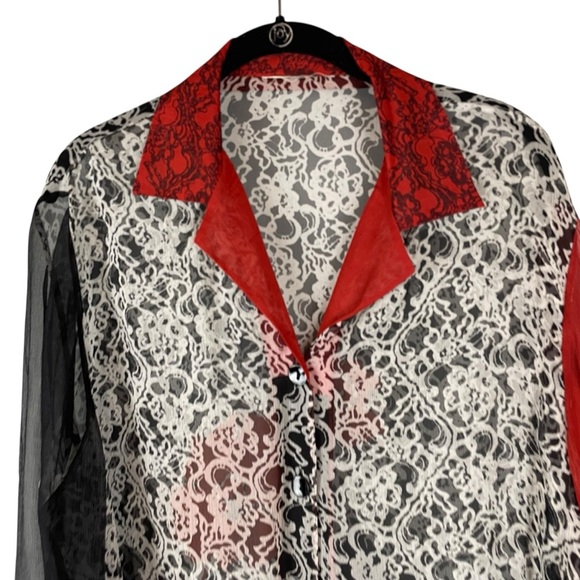 Diane von Furstenberg Sheer Silk Lace Print Button Down Shirt Red Collar  Size M - Picture 4 of 7